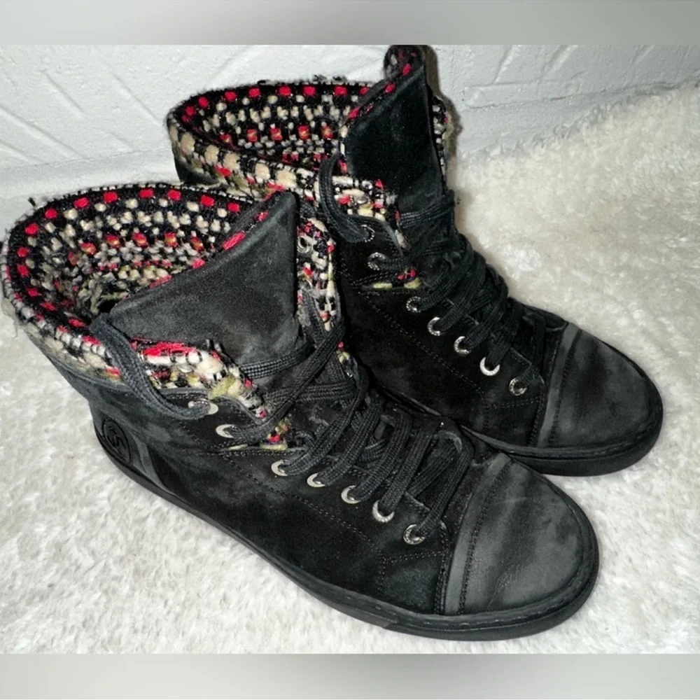 Chanel 15A Suede Leather Tweed High Top Black Sneakers Size 37